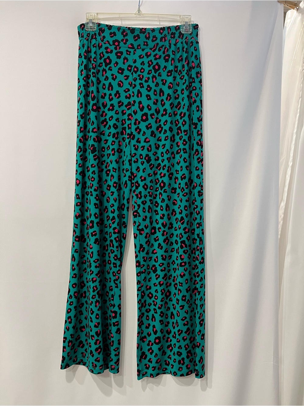 IMAN Women’s Pants Teal Wide-Leg Leopard Print Pants with Pink Spots